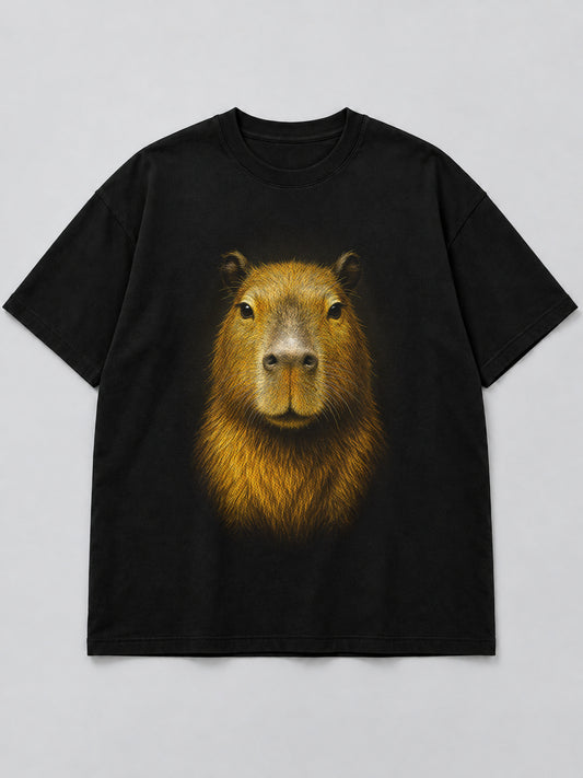 Polera Serene Sloth Portrait negra, corte amplio