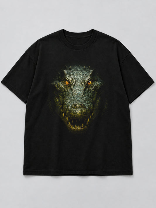 Polera Fierce Crocodile Portrait negra de corte amplio