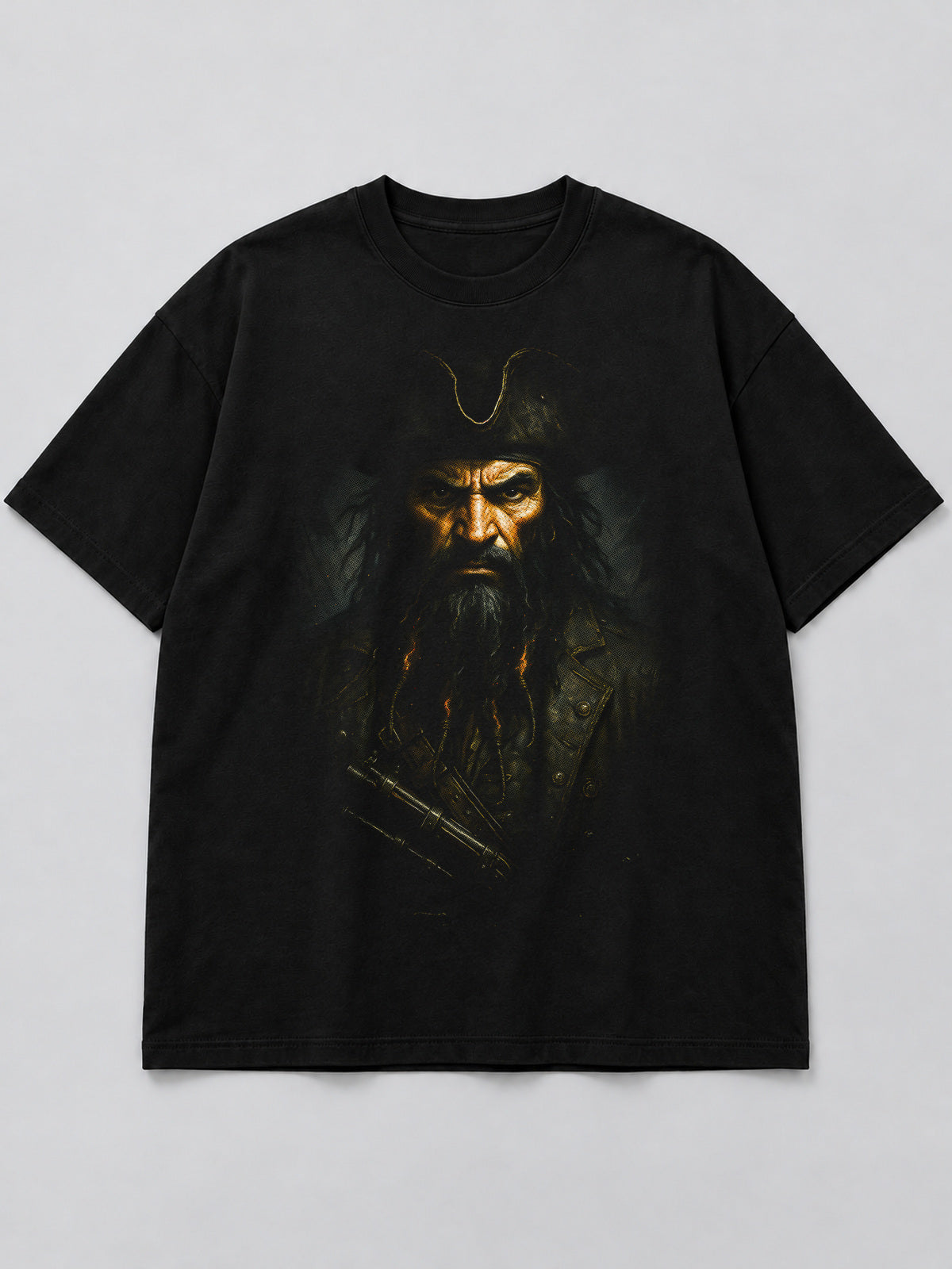 Polera Legendary Blackbeard Portrait negra de corte amplio