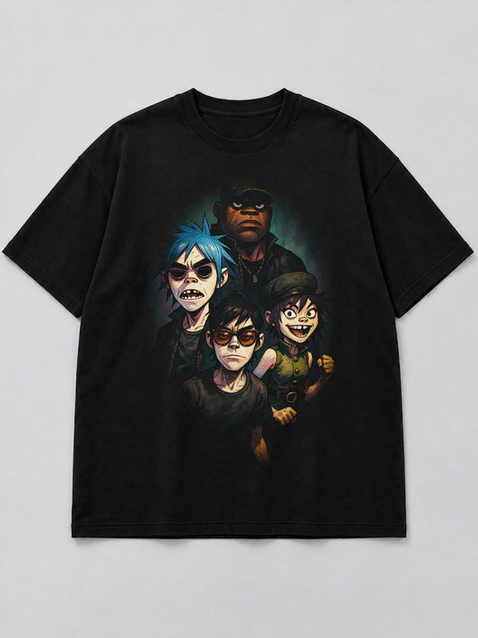 Polera Stylized Cartoon Band negra de corte amplio