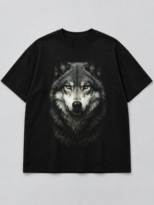 Polera Majestic Wolf Portrait negra de corte amplio